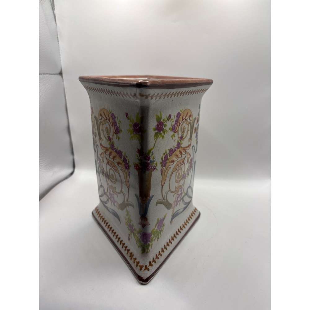 Vintage French Floral Ceramic Diamond Planter Vase Crackle Glaze Shabby Chic - Picture 2 of 6